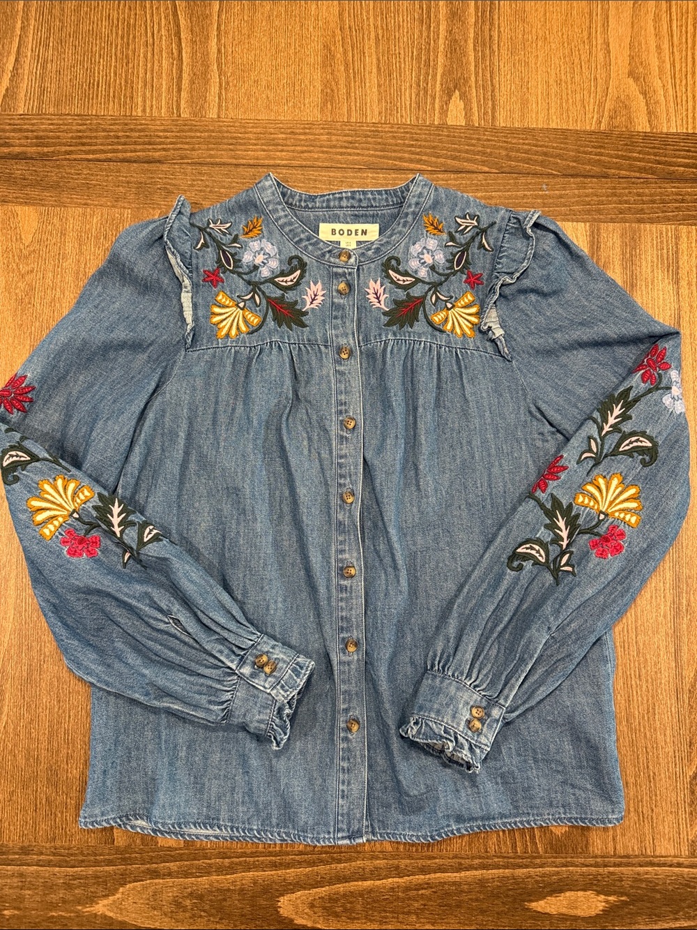 Boden Blue Denim Embroidered Button-Front Shirt